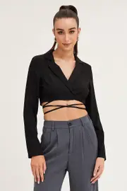 Black Crop Jacket Long Sleeve - Size 14, Women's Jacket