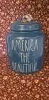 Rae Dunn "America The Beautiful" Blue/white Letters Canister