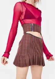 [No Dress] Brown Checkered Pleated Skirt