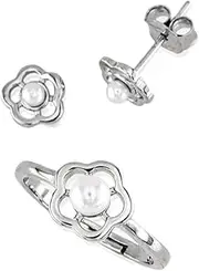 [Minoplata] Rhodium Plated Silver Cultured Pearl Adjustable Communion Flower Earrings and Ring Set Adjustable Sterling Silver Cultured Pearl, Ajustable, Sterling Silver, Cultured pearl