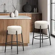 Oikiture Round Bar Stool Set of 2, Kitchen Counter Barstools Sherpa Boucle Fabric Upholstered in 65cm Seat Height Floor for Home Bar Dining Room Cafe, White
