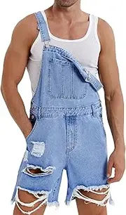 [Runcati] Mens Denim Shorts Bib Overall Jean Romper Casual Loose Fit Walkshort Button Pockets Summer Jumpersuit