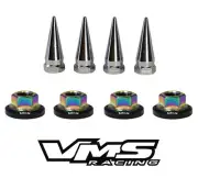 8 VMS RACING 14MM CHROME STRUT SPIKES + BLACK WASHERS NEO CHROME NUTS FOR HONDA (for: Honda)