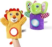 Jollybaby Hand Puppets for Toddler, Animal Hand Puppet Toys (2 PCs), Sensory Doll with Rattle and Mirror for Toddler Boys Girls Newborn