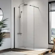 ELEGANT Frameless Shower Screen 8mm Tempered Glass Walk In Bathroom Fixed Panel in Black 100x200cm
