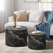 Oikiture Coffee Table Set of 2 Round Side Table Marble Sofa Table Black