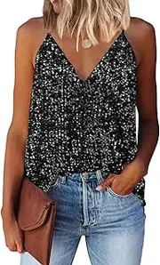 AirMood Women Sexy V Neck Sparkle Shimmer Tank Vests Sequins Tops