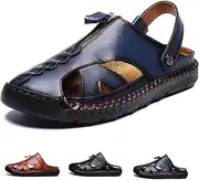 [DESESE] Mens Closed Toe Leather Sandals Outdoor Adjustable Anti-Slip Beach Sandals Summer Casual Fisherman Walking Sandals