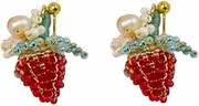 [RYEPOLNIX] Handmade Earrings Red Strawberry Beaded Flower Pearl Stud Earrings Summer Beach Sweet Cute Cool Girls Party Earrings/725