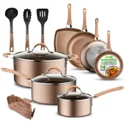 NutriChef 14-Piece Nonstick Cookware PTFE/PFOA/PFOS-Free Heat Resistant Lacquer Kitchen Ware Set w/Saucepan, Frying Pans, Cooking, Dutch Oven Pot, Lids, Utensil,Gold