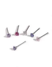 [Lovisa] Dainty Rhodium Diamante Nose Stud 6-Pack | Premium Rhodium PVD Plated on Surgical Steel | Hypoallergenic | On Trend Designs, metal, cubic-zirconia