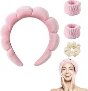 ZANZER Makeup Headband for Women, Soft Sponge Spa Headband and Wrist Washband Set Black Skincare Headbands for Face Washing, Shower, Makeup Removal(Pink)