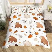 Erosebridal Fall Theme Comforter Cover Cute Cartoon Bear Animal Full Bedding Set for Kids Boys Girls,Woodland Wildlife Duvet Cover Room Decor,Fallen Leaves Decor Bedspread Cover