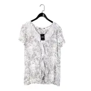 NEXT White Brown Taupe Paisley Chiffon Ruffle Trim V-Neck Blouse - Size 16 NEW