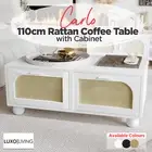 110cm Rattan Coffee Table Solid Wood Rectangular Table with Cabinet Drawer