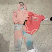 Under Armour Baby Girls 3pc Set w/ Bodysuit Jacket & Pants Size 9/12 Months Pink