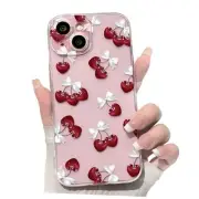 Compatible for iPhone 15 Case Aesthetic Clear Cute Ribbon Cherry White Bow