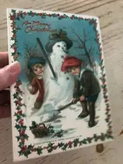 NWT 7" Vtg RAPHAEL TUCK Victorian SNOWMAN KIDS Merry Xmas WOODEN PLAQUE Sign