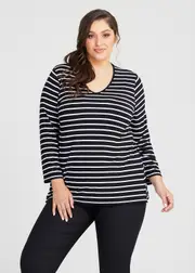 [Taking Shape] Taking Shape Bamboo Stripe V-neck Long Sleeve Day Top Size 16 in Black / White Stripe - Plus Size Women's Tops & T Shirts Black / White Stripe