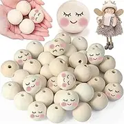Yueser Wooden Beads 30mm, 30 Pcs Wooden Beads for Crafting with Faces 30mm Smiley Face Bead Large Wood Balls Natural Wood Round with Hole for DIY Crafts Decorations