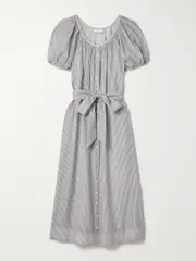 [DÔEN] DÔEN - Juno Belted Striped Cotton-blend Midi Dress - Gray - medium medium Gray