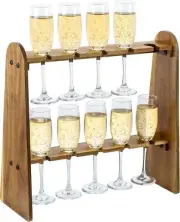2 Tier Tabletop Acacia Wood Champagne Flute Glass Holder Stand, Stemware Rack