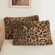 XeGe Cheetah Print Faux Fur Fluffy Pillowcases, Plush Shaggy Soft Long Pillow Covers, Fuzzy Decorative Leopard Print Pillow Cases, Furry Pillow Shams for Bed Couch Zipper, Set of 2(King, Brown)