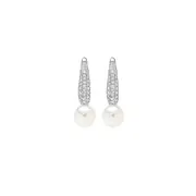 Silver Shell Pearl On Cz Taper Drop Earrings in White