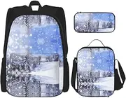 [StOlmx] 3 Pcs Set Backpack,Waterproof Bookbag, Insulated Lunch Bag & Pencil Case Pouch, Travel,Hiking,Colorful Elephant Print, Winter Landscape, One Size
