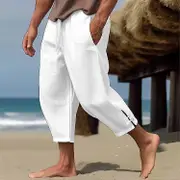 Men's Loose Tie Cotton Linen Casual Pants Elastic Waist Beach Pants white L