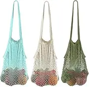 Reusable Produce Bags Cotton Mesh Grocery Bags，Portable Washable Long Handle Shopping Bag 100% Cotton Mesh Tote Bag Vegetable Bag