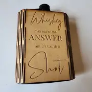 Carved Wood & Stainless Steel Flask "Whiskey May Not Be The Answer But Its Worth