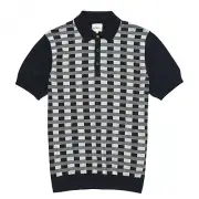 MENS BEN SHERMAN CHECK STRIPE KNITTED JACQUARD POLO SHIRT 67851 - DARK BLUE