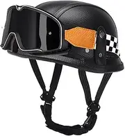 Leather Half Face Helmet Motorbike Skull Cap Half Helmet with Goggles Retro Motorcycle Half Helmet for Adult Men Women Street Racing Cruiser Motorcycle DOT/ECE Approved