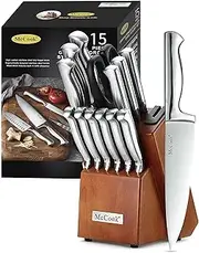 McCook FDA Certified Stainless Steel Kitchen Knife Set with Wood Block and All-purpose Kitchen Scissors 14 Pieces Stainless Steel/walnut color block
