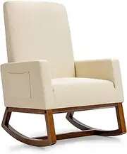 [Giantex] Modern Rocking Chair, Upholstered Fabric Armchair with Rubber Wood Base, Linen Padded Seat, High Back, Side Pocket, Accent Glider Rocker Chair, Mid-Century Leisure Chair (Beige)