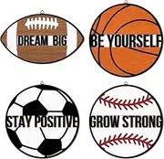 HOURIA 4Pcs Wooden Sports Themed Bedroom Wall Decor for Boys, 10 Inches Football Soccer Basketball Baseball Wall Art for Kids Room,Inspirational Ball Sports Wood Hanging Sign for Playroom,Nursery