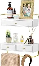 Floating Shelves for Wall Decor Storage, Wall Mounted Bathroom Shelf, Rustic Wood Wall Shelves with Drawers Set of 2 - for Home Decor, Bathroom and Room Decor, Kitchen Storage (White)