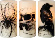3pcs Halloween Flickering Candles w/ Skull,Spider Web,Crow Raven Decals- Battery
