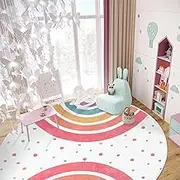 Kids Round Rug Cute Colorful Rainbow Rugs Soft Non-Slip Nursery Rug Washable Large Area Rug Carpet Circle Rug for Kids Girls Bedroom Playroom Study Room Decor (Red, 7 Ft Round)