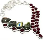 [THE SILVER SHOPPE] Labradorite, Ruby Gemstone 925 Sterling Silver Jewelry Necklace 18" MQ-1451 v9D80, 18, Silver, Labradorite