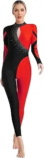 [Vxuxlje] Womens Gymnastics Unitard Contrast Color Rhinestone Full Length Leotard Athletic Jumpsuit
