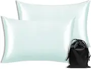 QIYUE Satin Silk Pillowcases x2 Pack Queen Size Pillow Cases Set of 2, Super Soft and Cooling Pillow Case with Zipper/EnvelopeClosure (Mint, Queen (U.S. Standard)-Zipper)