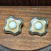 80's Designer Signed Trifari Enamel Earrings Clip-On Cream Gray Gold Tone Stud