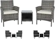 ALFORDSON 3pcs Outdoor Patio Furniture Garden Sofa, PE Wicker Rattan Lounge Chair and Glass Coffee Table 3 Pieces Setting, UV-Resistant Conversation Set with Steel Frame & Cushions, Light Grey