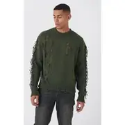 Mens Khaki Oversized Distressed Sleeve Knitted Jumper