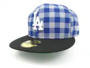 New Era LA Dodgers 59FIFTY Fitted Hat Blue Gray Plaid Side Patch Sz 7 5/8