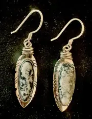 Genuine American White Buffalo Gemstone Feather Sterling Silver Earrings NWT