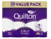 Quilton 3 Ply Toilet Tissue (180 Sheets per Roll, 11x10cm), Pack of 36 |AU