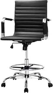 Artiss Ergonomic Office Chair Leather Computer Desk Chairs Veer Drafting Stool with Height Adjustable Seat, Mid Back and 360°-Swivel Seating Black for Gaming Room Executive Home